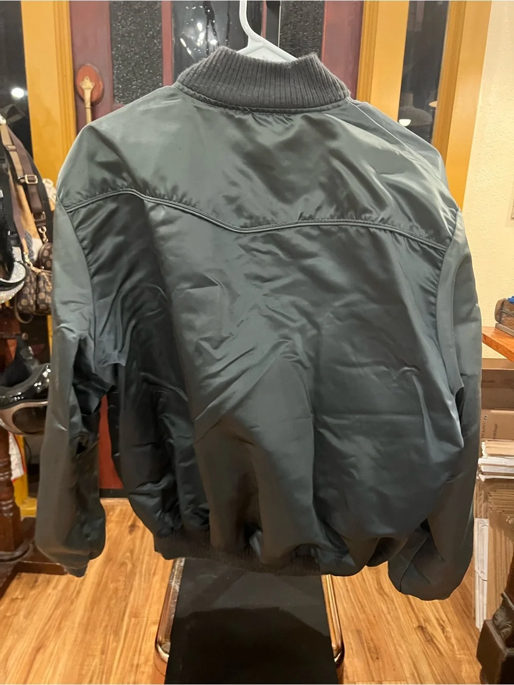 Men's Dark Green Satin Bomber Jacket with Ribbed Trim